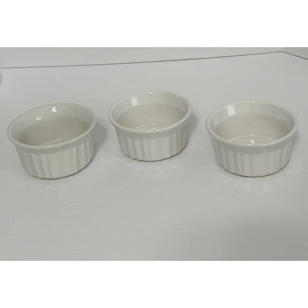 Set of 3 Corning Ware Ramekin Custard Cup French White Stoneware Ribbed 4 Oz